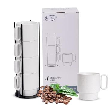 Imagem de Bacimi Conjunto de 4 canecas de café empilháveis artesanais conjunto de torre com elegante rack de arame de metal para cappuccino, latte, chá, cacau, bebidas quentes 400 ml