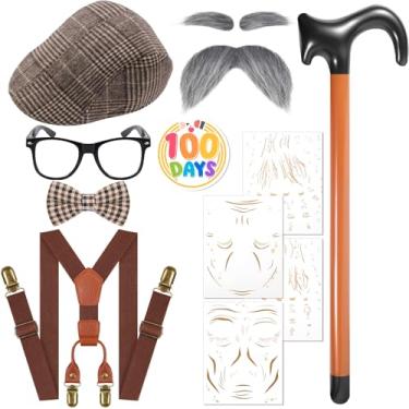 Imagem de Fabllewavi 8 peças fantasia de velho avô – chapéu, suspensórios, gravata borboleta, sobrancelhas, bigodes, óculos, crachá, tatuagem para cosplay, Marrom, Standard