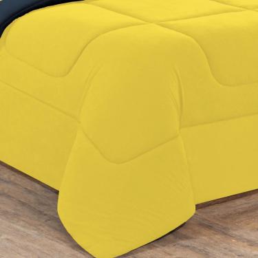 Imagem de Kit Edredom + Jogo De Lençol Malha 100% Algodão Gran Moratta 4 Peças Solteiro - Amarelo/Azul Marinho