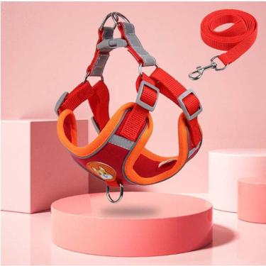 Imagem de Coleira Peitoral para Pets OEM Kit 01 para Cachorro e Gato Pequenos e Médios em Poliéster Vermelho com Guia