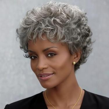 Imagem de XIUFAXIRUSI XIUFAXIRUSI Perucas curtas grisalhas e cacheadas para mulheres, peruca sintética prateada e cinza, corte pixie com franja, cabelo natural cacheado e cheio