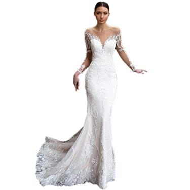 Imagem de Vestido de casamento feminino formal de renda colado ao corpo maxi vestido de baile sereia vestido de noite elegante vestido de noiva costas nuas decote em V, branco, GG/EUA (10)