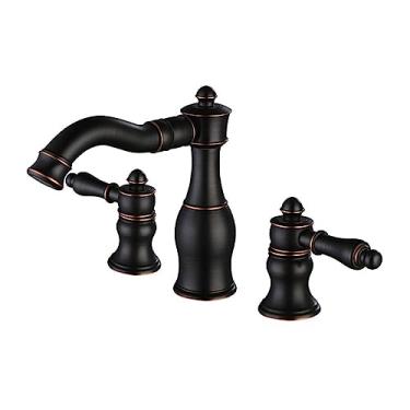 Imagem de peças de torneira de banheiro de latão com três furos torneira de pia misturadora torneira de água quente fria, preta