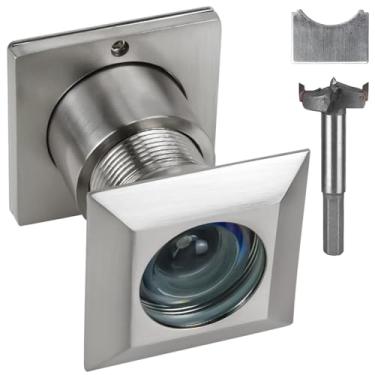 Imagem de Earl Diamond Visor de porta quadrado de latão sólido HD 220 graus olho mágico com broca de 28 mm e capa de privacidade, compatível com porta grossa de 1-21/81.3 cm a 2-1/20.3 cm, níquel acetinado
