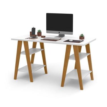 Imagem de Mesa Escrivaninha Cavalete 1,35x0,66 Tampo 30mm 4 Prateleiras Branco F