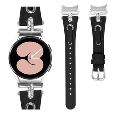 Imagem de DEALELE Pulseira compatível com Samsung Galaxy Watch 6/Galaxy Watch 5/Galaxy Watch 4 de 40 mm e 44 mm, pulseira de couro de diamante brilhante de 20 mm para mulheres e homens, prata e preta
