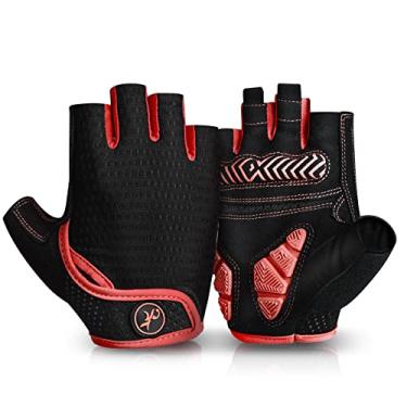 Imagem de MOREOK Luvas de ciclismo para homens/mulheres - [almofada de gel de 5 mm] Luvas de ciclismo de meio dedo para ciclismo/levantamento de peso/academia/motocicleta/esportes ao ar livre-098-vermelho-P