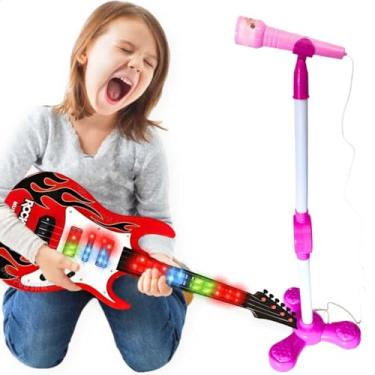 Imagem de Brinquedo Guitarra Baixo com Luzes Led e Som Fantasia de Rock Cosplay + Microfone Karaokê Brinquedos Musicais Presente Natal Dia das Crianças Aniversário Menina Dia das Crianças