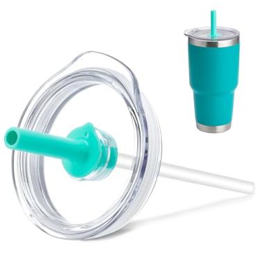 Imagem de Prurex Tampa de palha, compatível com Yeti 850.5 g Rambler - Tampa de copo de substituição com bocal de silicone e canudo, serve para copos de 9,4 cm de diâmetro (azul-petróleo)