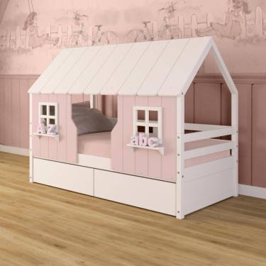 Imagem de Cama Casinha Encantada Com 02 Gavetas Madeira Maciça Rosa/ Branco Megamobilia