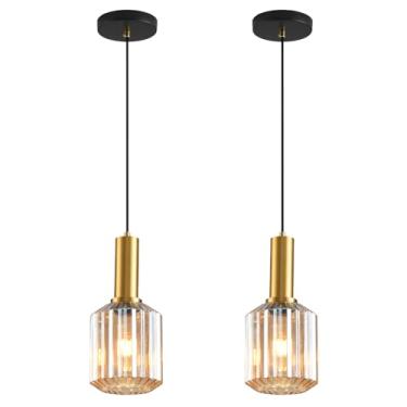 Imagem de AOJUNSANSAN Pacote Com 2 Luminárias Pendentes De Vidro Âmbar Meados Do Século, Luzes Douradas Escovadas, Ilha Cozinha, Iluminação Globo Moderna, Entrada Ajustável, Suspensa