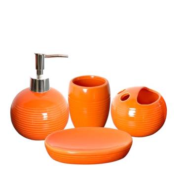Imagem de JHLAYKG Conjunto De Acessórios Para Banheiro Laranja Com 5 Peças, Acessório Cerâmica Dispensador Sabonete Líquido, Porta-Escovas Dentes, Copo E Prato, Decoração