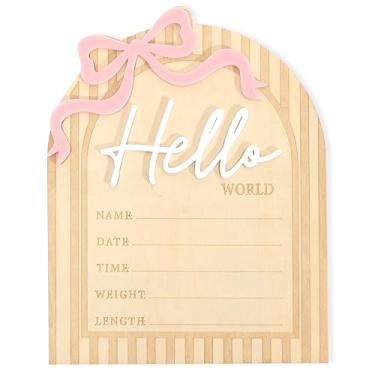 Imagem de TERJIO Quadro De Madeira Com Laço "Olá Mundo" - Registro Informações Do Recém-Nascido Hospital, Adereços Para Fotos Boletim Marcos Nascimento, Decorações Berçário Rosa-Doce, Placa Anúncio Princesinh