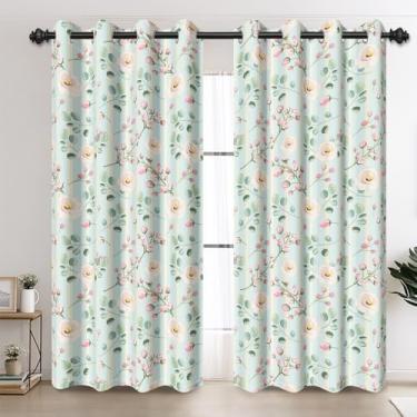 Imagem de AOFOTO Cortinas florais vintage para sala de estar, rosas rosas com folhas verdes, estampa de flores menta, listradas, cortinas blackout decorativas para quarto de meninas, 66 x 63 polegadas, 2