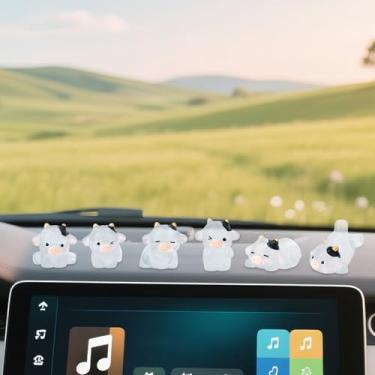 Imagem de lasuroa 6 Peças Decoração Painel Carro Vaca Luminosa, Estatuetas Fofas Vaca de Resina Mini Enfeites Animais para Mulher e Homem Espelho Retrovisor Painel Ecrã Táctil