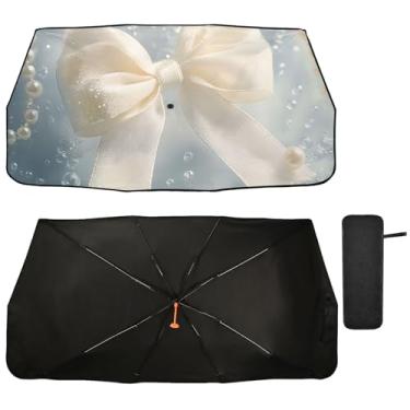 Imagem de ALAZA Para-sol de para-brisa dianteiro do carro, guarda-chuva de viseira de sol com arco de pérola pura, dobrável, protege o interior e mantém fresco, adequado para a maioria dos veículos, 147 cm x 75