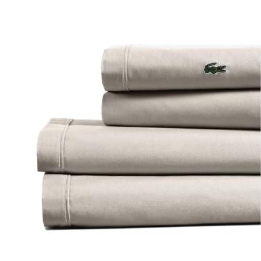Imagem de Lacoste Conjunto de lençóis 100% algodão percal com 4 peças – fresco, nítido, fosco e durável, certificado Oeko-Tex – sólido, pedra-pomes, King