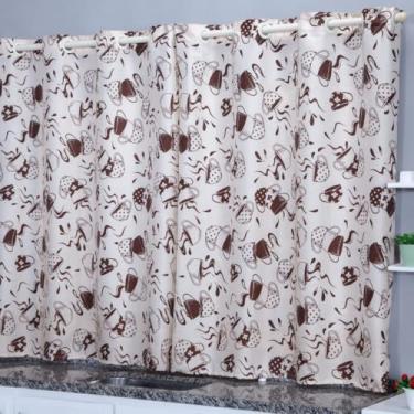 Imagem de Cortina Cozinha Oxford 2,00x1,40 Estampada Cappuccino Janela Vitrô Ilhós Blackout Blecaute Decorativa Poliéster Varão (Café)