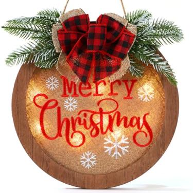 Imagem de HOMCDALY Placa de boas-vindas de Natal para porta da frente, guirlanda de feliz Natal de inverno, placa de madeira para pendurar na porta da fazenda, decoração de Natal (F-Xmas)