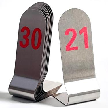Imagem de SIWOT Cartões de lugar de aço inoxidável de 16/20 cm de altura, 10 pçs/conjunto de cartões de assento empilháveis de dupla face, números de mesa verticais, porta-cartões de metal (15 cm vermelho