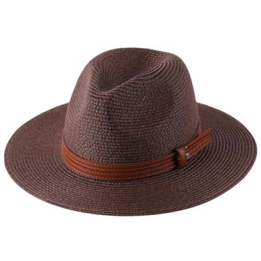 Imagem de Chapéu de palha Panamá de verão masculino e feminino, aba larga, proteção UV, chapéu Fedora, café escuro, 56-58 cm