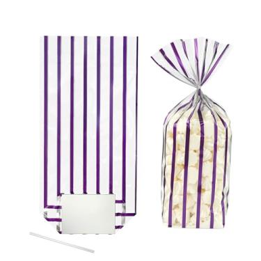 Imagem de EKAPACKAGING 25 peças de sacos de celofane listrados roxos de celofane de celofane com laços de celofane
