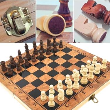 Imagem de Tabuleiro Jogo de Xadrez 3 em 1, Tabuleiro em Madeira, 30x30 cm, Peças marrom e Bege, Dobrável portatil Tabuleiro Luxo, Portátil e Educativo | Presente Inteligente para Crianças, Adultos e idosos