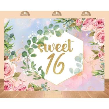 Imagem de PEKRU 2,1 x 1,5 m Sweet 16 cenário fotográfico rosas folhas verdes ouro glitter letras para meninas, festa de aniversário, formatura, chá de panela, decoração de fundo