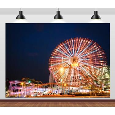 Imagem de CORFOTO Pano de fundo de 2,4 x 1,8 m para parque de diversões, roda-gigante, para fotografia noturna, roda-gigante e montanha-russa, fundo de parque de diversões, adereços de estúdio fotográfico