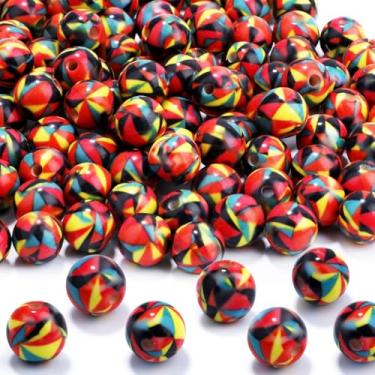 Imagem de 100 peças de contas de resina de 10 mm a granel para kit de fabricação de pulseiras, vermelho, amarelo, preto, padrão irregular, contas soltas redondas para joias, brincos, colar, anéis, arte