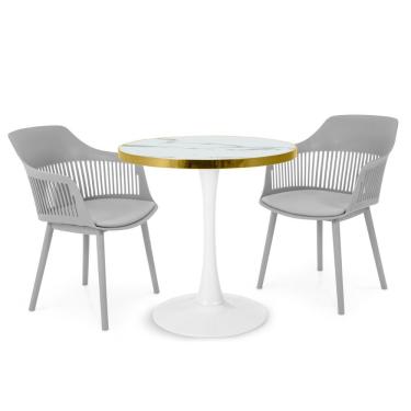 Imagem de Conjunto Mesa De Jantar Redonda Majestic 70cm Branca Com 2 Cadeiras Estofadas Marcela - Cinza