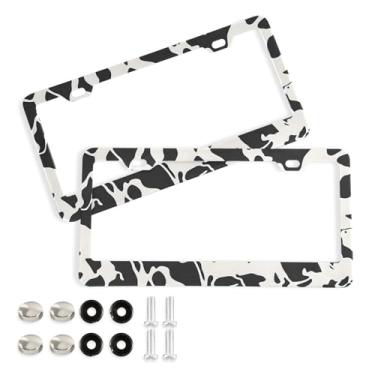 Imagem de CEBUGI Pacote com 2 molduras de placa de carro de alumínio capas de moldura de placa de carro com 2 furos impressão de vaca acessórios automotivos para placas dianteiras e traseiras orifício elíptico