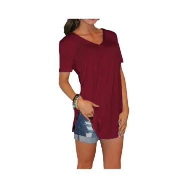 Imagem de Blusa de verão de cor sólida com decote em V manga curta solta camiset