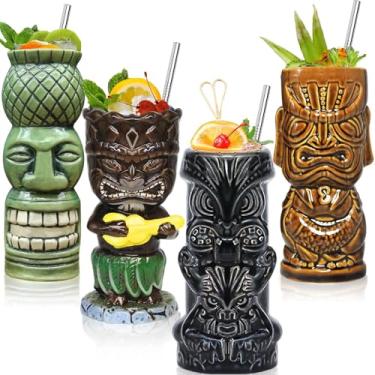 Imagem de Copos Tiki para coquetéis, conjunto de 4 canecas Tiki de cerâmica Tiki Party Cups Bar Decor Creative Tiki Mug Set Grande Copos Havaianos Tiki Decorações de Bar Vintage Tropical Drinkware Bar 4 Pacotes