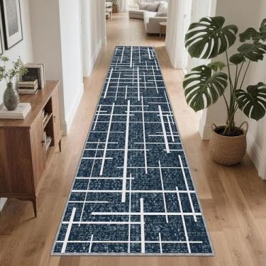 Imagem de TTelephant Tapete antiderrapante para corredor 5 x 25 cm, listra azul moderna envelhecida, tapete longo lavável, tapete de tecido fino de pêlo baixo para corredor, entrada de 3 metros, cozinha