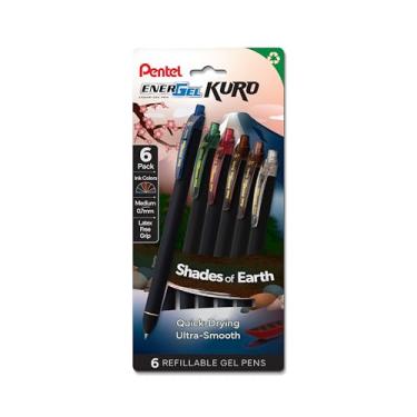 Imagem de Pentel EnerGel Kuro Shades of Earth, caneta de gel líquido retrátil, cores sortidas, sem plástico, pacote com 6 (BL437EARPF6)