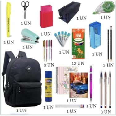 Imagem de Kit Material Escolar Completo 33 Item Com ou Sem Mochila Caneta Caderno Grampeado Lista Premium 2026 (PRETO)