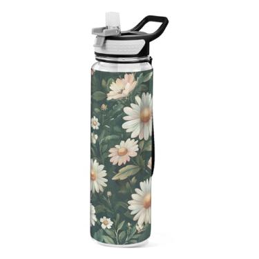 Imagem de xigua White Daisies Garrafa de água com tampa de palha, garrafas de água transparentes à prova de vazamentos para esportes ao ar livre, beber fitness, treino, viagem, 940 ml