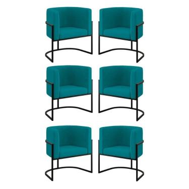 Imagem de Kit 06 Poltronas Lua Sala Decorativa Base De Ferro Black Azul Turquesa