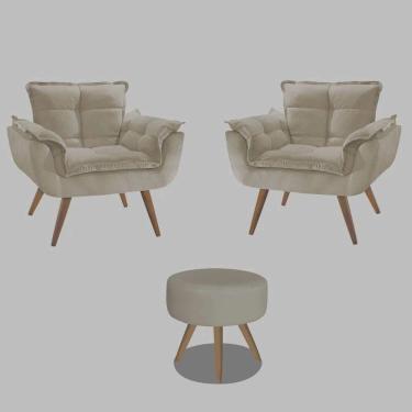 Imagem de Kit 2 Poltronas Opalas Com Puff Redondo Suede Bege