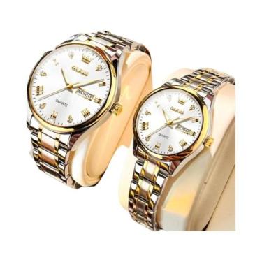 Imagem de Relógio De Casal Em Aço Inoxidável Dourado À Prova d'Água Com Luz Lumi