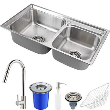 Imagem de Pingoo.Casa, Kit Cuba para Cozinha com Acessórios, Lixeira 5 Litros, Gourmet, Aço Inox, Ticunas e Torneira Monocomando, Iriri, Prata