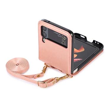 Imagem de Capa de telefone transversal simples para Samsung Galaxy Z Flip 4 3 5G compartimento para cartões de crédito capa traseira de couro com cordão, rosa, para Galaxy Z Flip3 5G