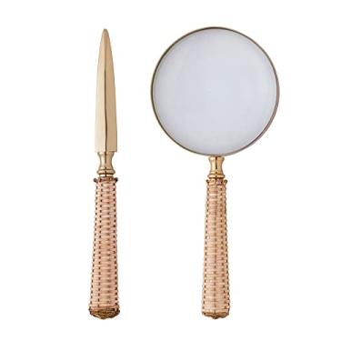 Imagem de Conjunto Abridor de Carta e Lupa de Aço Inox com Cabo de Rattan Dourado - Wolff