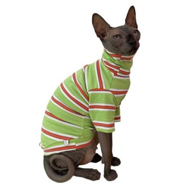 Imagem de Camiseta vintage listrada Sphynx para gatos sem pelos de algodão gola rolê roupas para animais de estimação camisetas com mangas para Sphynx Cornish Rex, Devon Rex, Peterbald (laranja e verde, pequeno