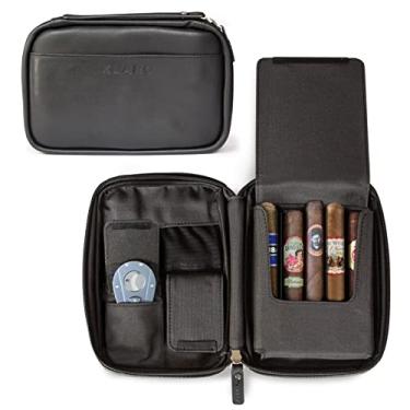 Imagem de CASE ELEGANCE Klaro Travel Leather Cigar Case, 5 compartimentos para charutos, 2 bolsos para acessórios, bolso para umidificação, proteção interna de capa dura - Preto