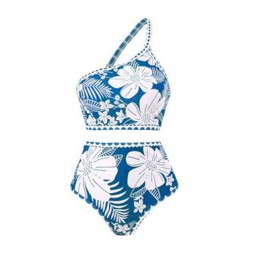 Imagem de LEZOOEY Maiô feminino de 3 peças, biquíni sexy de um ombro só com cintura alta e saída de praia meia longa, Biquíni azul, G