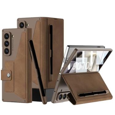 Imagem de HAO RIYLN Capa flip para Samsung Galaxy Z Fold 6, fecho magnético, compartimento para cartão, capa de couro com tudo incluído, com suporte S-Pen, capa de carregamento sem fio, marrom