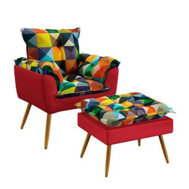 Imagem de Poltrona Opala com Puff Lunar Sued Estampado Colorido com Vermelho Ara
