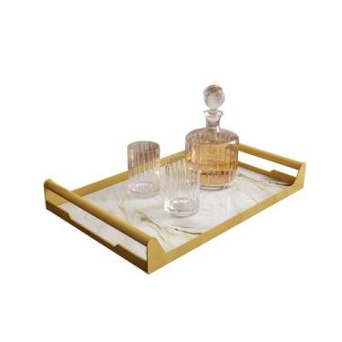 Imagem de Bandeja Decorativa Iris Vidro Marmorizado e Ferro Dourado com Alça - C